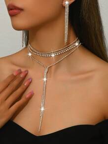 1 pièce Collier long en forme de Y luxueux avec strass + 1 paire de boucles d'oreilles à franges, ensemble de bijoux de mode convenant aux femmes, idéal pour le mariage, les fêtes et le port quotidien