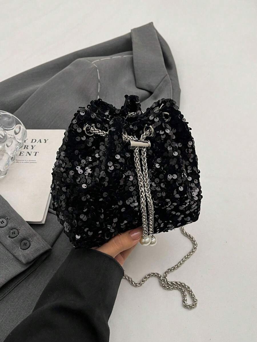 1pc Chain Drawstring Closure PVC Glitter Bucket Bag With Metal & Pearl Decor, Bling Glam Women Fashion Evening Party Shoulder Crossbody Cosmetic Clutch Gift