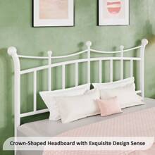 Estructura de cama de matrimonio HOMBCK con cabecero, marco de cama de metal blanco con diseño de patrón de corona, base de colchón con almacenamiento debajo sin necesidad de caja de resortes, montaje silencioso y fácil, color blanco