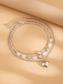 3 pièces/set Collier asymétrique avec perles vintage, collier pendentif élégant minimaliste en forme de cœur géométrique pour femmes, polyvalent pour les soirées et le porter casual