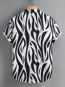 男士休闲条纹短袖衬衫，夏季度假 - 黑與白 - 查看 2