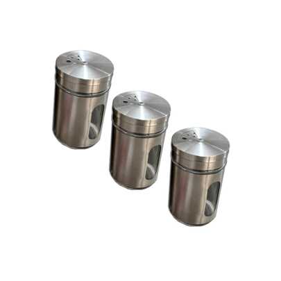 Salero o Condimentero 3 piezas multiusos de vidrio recubierto de lamina de Acero Inoxidable, Elegante para la cocina, mesas de evento, fiesta, restaurante, taquería, marisquería, bar, micheladas, fonda. Es ideal para dispensar Sal, condimentos y palillos.