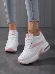 Women's Platform Sneakers With Air Cushion, Lace-Up Casual Walking Shoes, Height Increased Fashion Outdoor Sneakers - White Powder - View 4