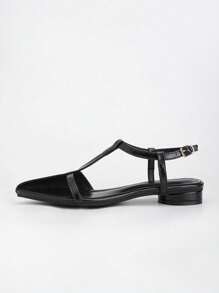 Sandalias negras de tacón bajo con punta cerrada y correa de tobillo, cómodas y transpirables para mujer de talla grande