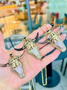 1 pieza Collar colgante de cabeza de toro metálico-acrílico chapado en oro, plateado y negro de moda y personalizado, adecuado para uso diario de hombres y mujeres