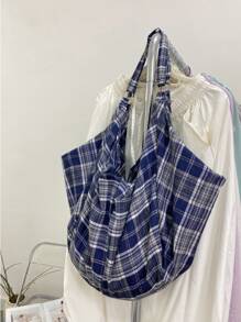 Geantă de umăr cu model carouri albastre, geantă crossbody pentru femei, practică minimalistă ocazională, geantă pliabilă de capacitate mare, țesătură ușoară, moale, multifuncțională, design cu fermoar, potrivită pentru muncă, studiu, călătorii, unisex