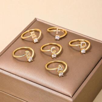 1 buc Inel pentru femei, luxos și elegant, cu 26 de litere, decorat cu zirconiu