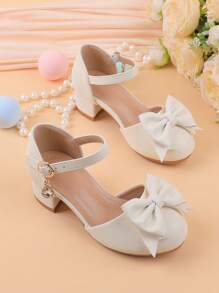 Girls Flower Embellished Chunky Heel Formal Dress, Suitable For Flower Girl, Dance, Wedding, Party, Ballet, Everyday Wear. White Color, Girls Hook And Loop Strap Dress Shoes For Children Of All Sizes