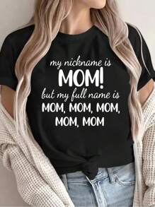 [Short Sleeve Cotton Knit Top] Women'S Funny Mom Nickname T-Shirt, 100% Cotton Knit Fabric, Short Sleeve Crew Neck, Regular Length, Alphabet Print Top For All Seasons 100% Cotton