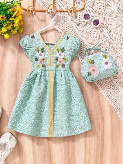 Bộ váy công chúa thêu hoa cổ điển, váy cổ chữ V kiểu retro kèm túi xách, bộ váy áo quý phái và thanh lịch cho trẻ em | Thích hợp cho chụp ảnh gia đình và các dịp tiệc tùng, tạo nên phong cách cổ tích nghệ thuật, phù hợp cho trẻ em 4-7 tuổi vào mùa xuân và mùa hè.