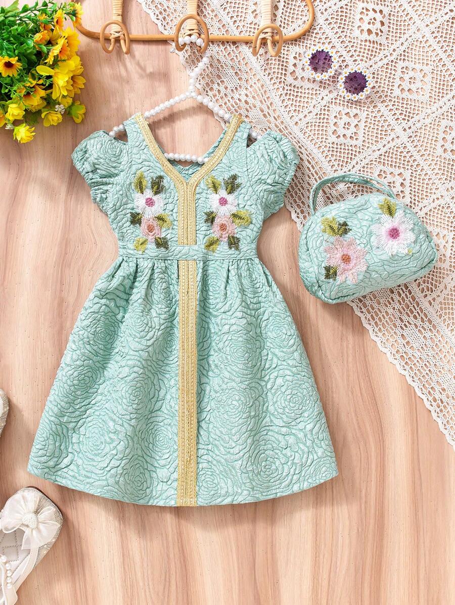 复古宫廷刺绣花卉公主裙，复古V领连衣裙配手提包，儿童高贵优雅套装 | 亲子摄影和宴会场合必备，打造艺术仙气，适合4-7岁儿童春夏穿着 - 藍色 - 查看 1