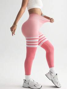 Spring Summer Pink Color Block Seamless Yoga Pants For Women, High-Waisted Outdoor Workout Leggings, Pink Athletic Pants For Biking, Hiking, Climbing, Running.