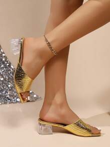 Women's Summer Square Toe Chunky Heel Slides, Solid Color Slip On Casual Comfortable Beach Sandals