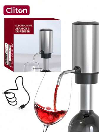 CLITON Electric Wine Aerator Pourer Rechargeable 2-In-1 Automatic Wine Decanter Stainless Steel Wine Dispenser Gifts For Wine Lovers, Silver,Wine Aerator Electric Wine Decanter Best Sellers One Touch Red -White Wine Accessories Aeration Work With Wine Opener For Beginner Enthusiast - Spout Pourer - Wine Preserver