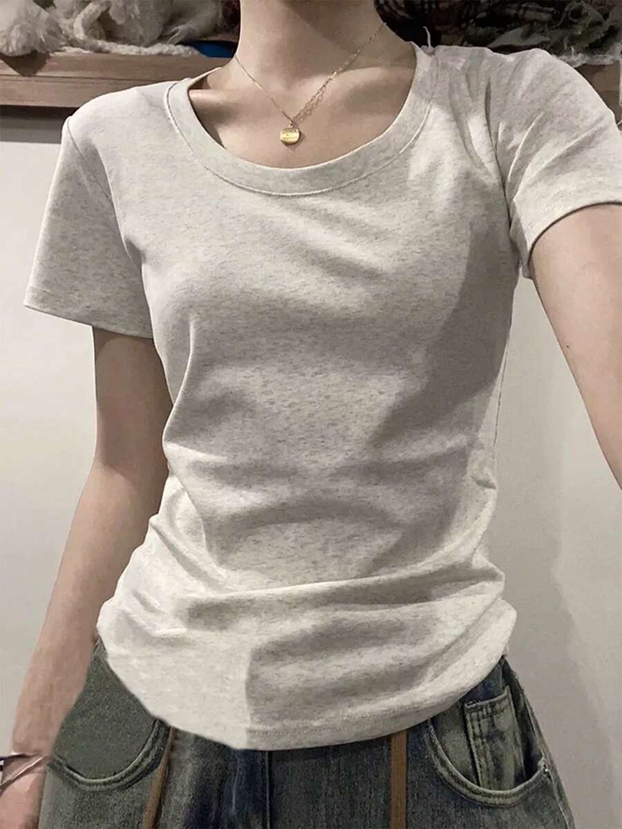 女士夏季纯色圆领短袖休闲 T 恤 - 淺灰色 - 查看 1