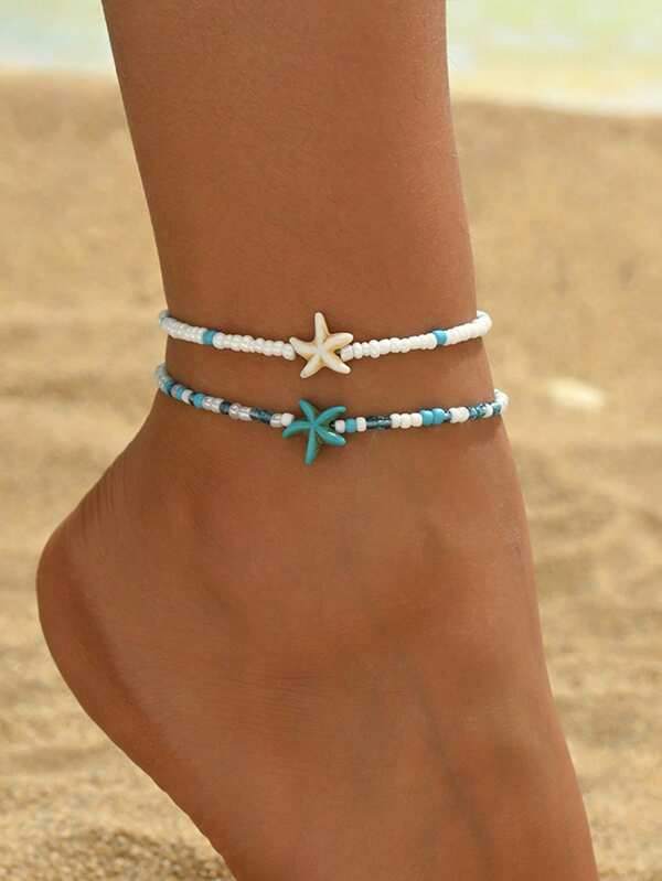 2 pièces/set Bracelet de cheville avec perles de riz et étoile de mer fait main, bijou minimaliste thème océan pour femmes, convient pour le port quotidien et les voyages de vacances