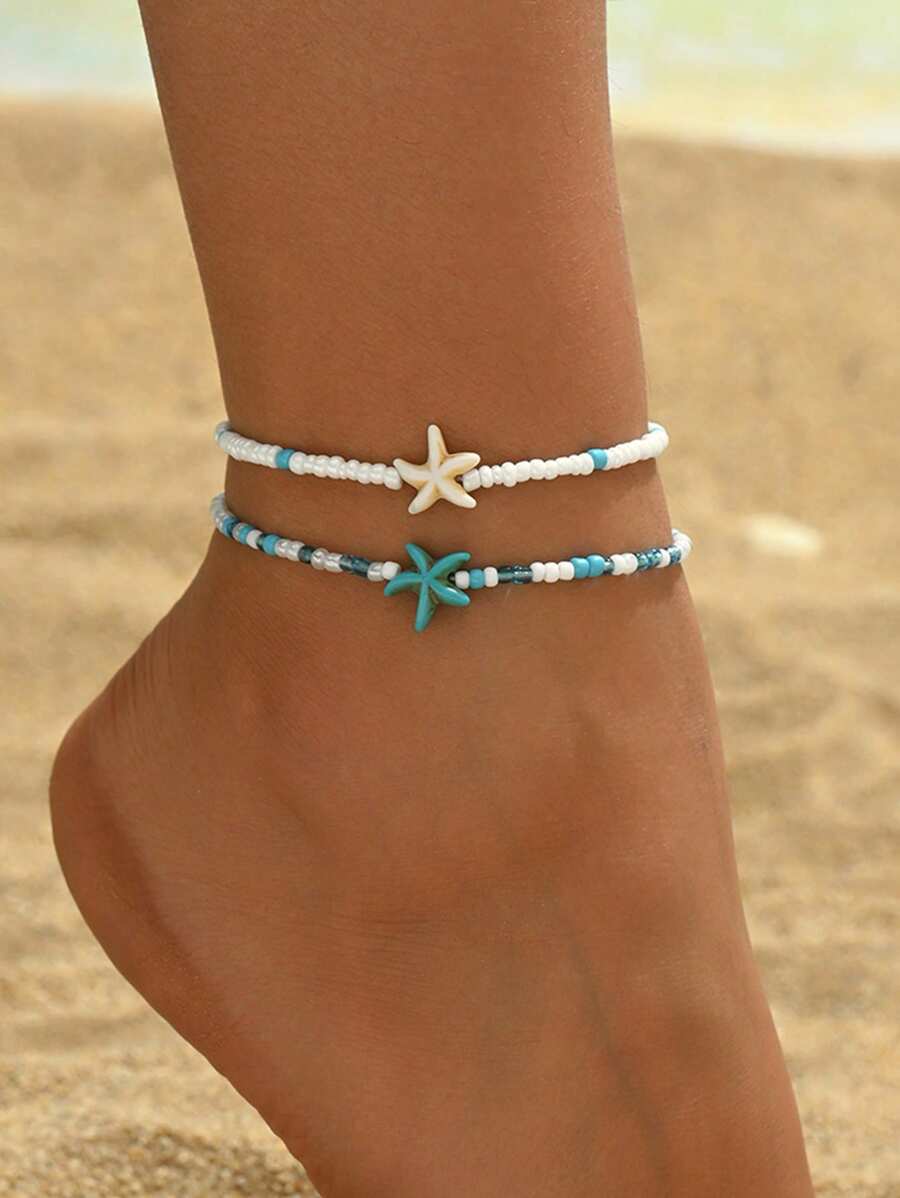 2 pezzi/Set Cavigliera artigianale con perle di riso e stelle marine, gioielli minimalisti a tema oceanico per donne, adatti per uso quotidiano e viaggi di vacanza