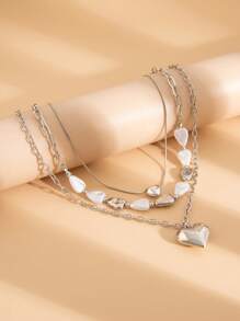 3 pièces/set Collier asymétrique avec perles vintage, collier pendentif élégant minimaliste en forme de cœur géométrique pour femmes, polyvalent pour les soirées et le porter casual