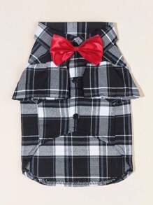 1pc Red Bow Tie & Black White Plaid Pet Shirt Set, Suitable For Indoor/Outdoor Wedding Outfit For Cats & Dogs