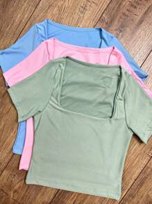 Square Suplex Cropped With Lining Casual Women's Kit With 3 - Verde/Azul/Rosa - Ver 1