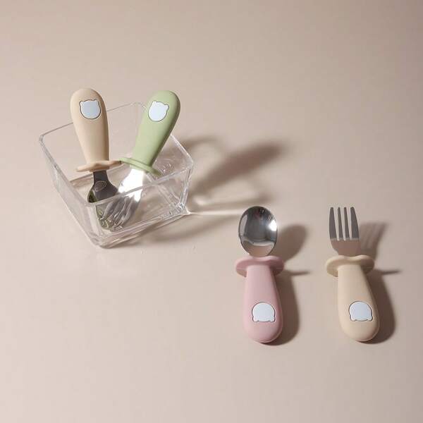 1 Set Stainless Steel & Silicone Baby Utensils, Infant Self-Feeding Tableware