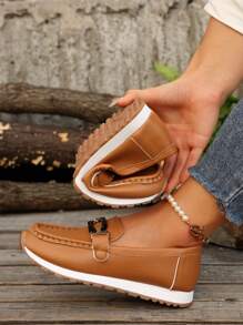 Giày thể thao đế mềm mũi tròn họa tiết vải thiều dập nổi trang trí kim loại cho nữ, phong cách thể thao ngoài trời phù hợp để mặc khi chơi thể thao và lái xe hàng ngày, mọi mùa, giày thể thao đế bằng màu đen thường ngày - màu nâu - Xem 9