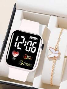 2 pièces/Set: 1 pièce Montre numérique Cœur de bande dessinée et Carré + 1 pièce Bracelet Papillon, Cadeaux pour la Saint-Valentin, Noël, Remise des diplômes, Couples, Montre et Bracelet pour Couples