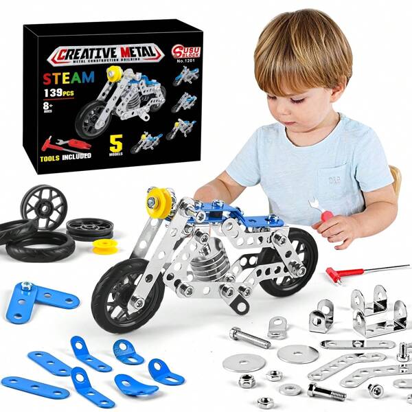 Motorcycle Assembly Kit, DIY Metal Construction Toy, Tricycle Assembly Fire Truck Series Model Kit, Children Boys Assembly Toy, Metal Building Puzzle Toy Model Gift Set, Transformable Fire Truck, Holiday Gift, Birthday Gift, Halloween Christmas Gift, Perfect Gift For Boys And Girls - Accessories Random