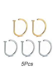 1 件/3 件/5 件女士和女孩假鼻环金色不锈钢 D 型简约美式个性字母嘻哈街头风格无孔配饰假鼻钉 - 金色 - 查看 21