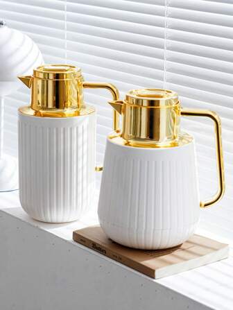 1 个 1000ML/33.8oz 真空保温瓶，简约镀金设计，按压式饮水机，玻璃内胆，咖啡壶 回到学校