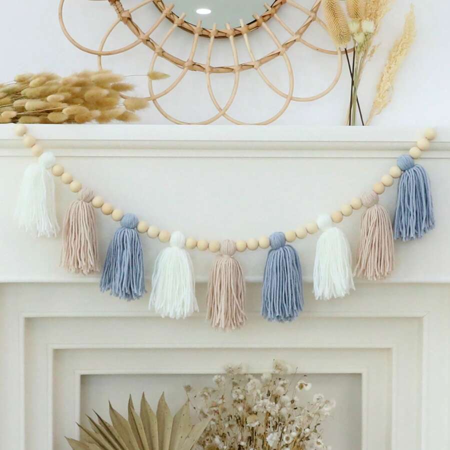 1pc Handmade Bohemian Style Blue Khaki White Yarn Tassel Flower Wreath Banner, Suitable For Atmosphere Decor, Room Decor, Wall Decor
