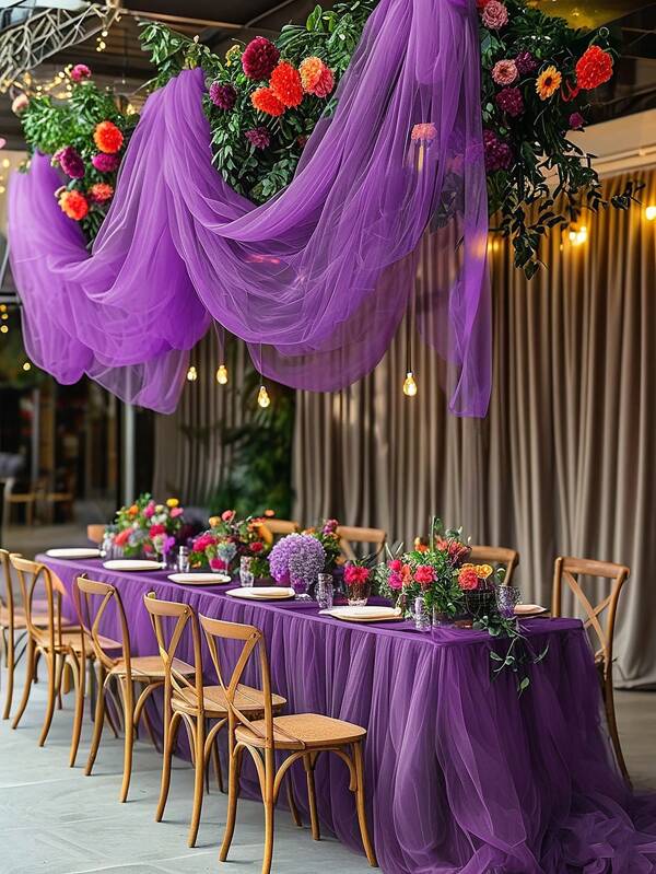 Cortina de tule transparente decorativa em arco de casamento roxo escuro, elegante véu de rede para pendurar, adequado para casamento, festa de aniversário e celebração de feriados, perfeito para decoração interna/externa, fácil de pendurar, cria um ambiente romântico