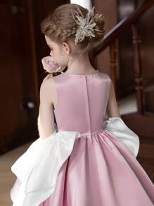 Tween Girls Pink Satin Bow Decor Short Party Dress - Pink - View 7