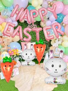 15-delige Happy Easter-ballonnenset, inclusief 16-inch letterballonnen, konijnen- en wortelfolieballonnen, geschikt voor paasdecoratie, paasthema, verjaardagsfeestdecoratie, lentefeestthema
