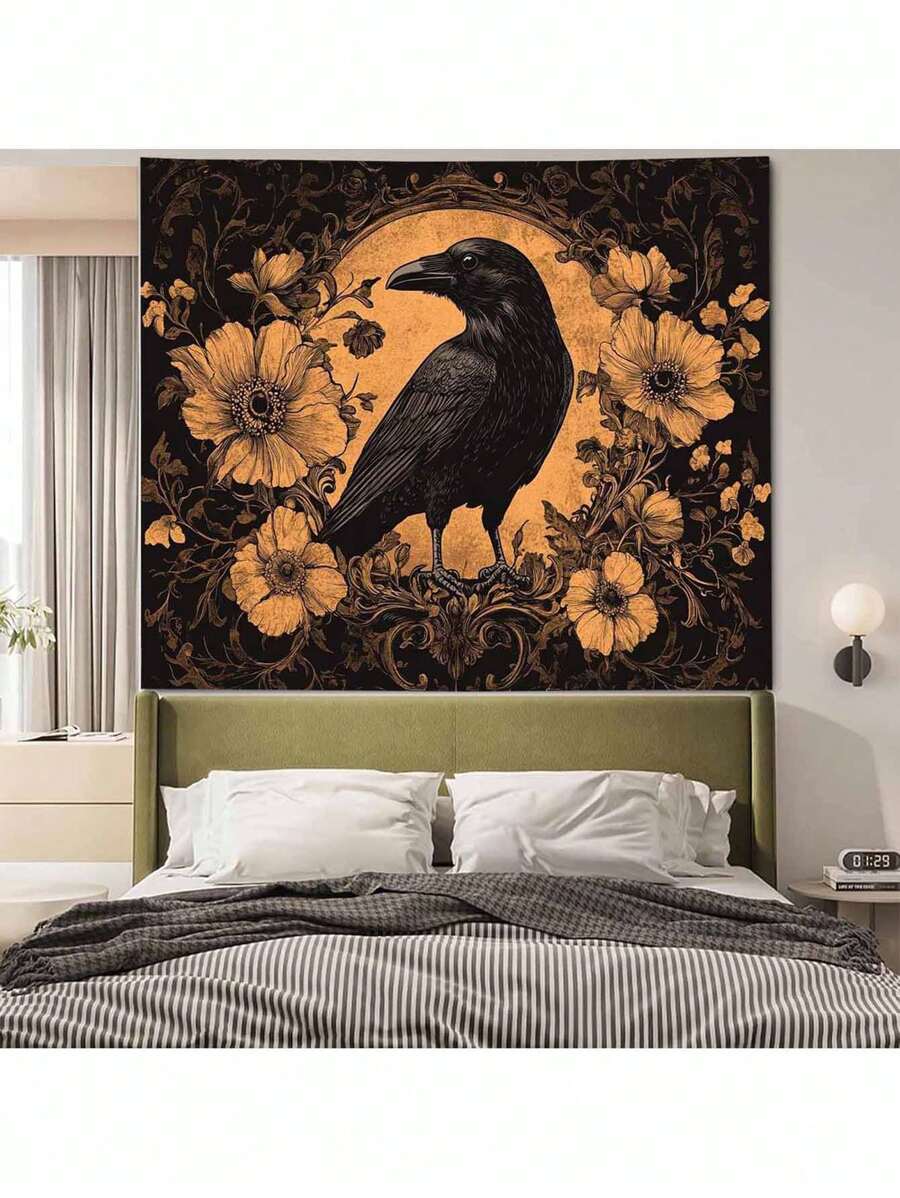 1 pièce Tapisserie rectangulaire style hippie noir corbeau, décoration murale esthétique et mystique pour dortoir, chambre, chambre à coucher, salon, livré avec accessoires d'installation gratuits, cadeau de vacances idéal