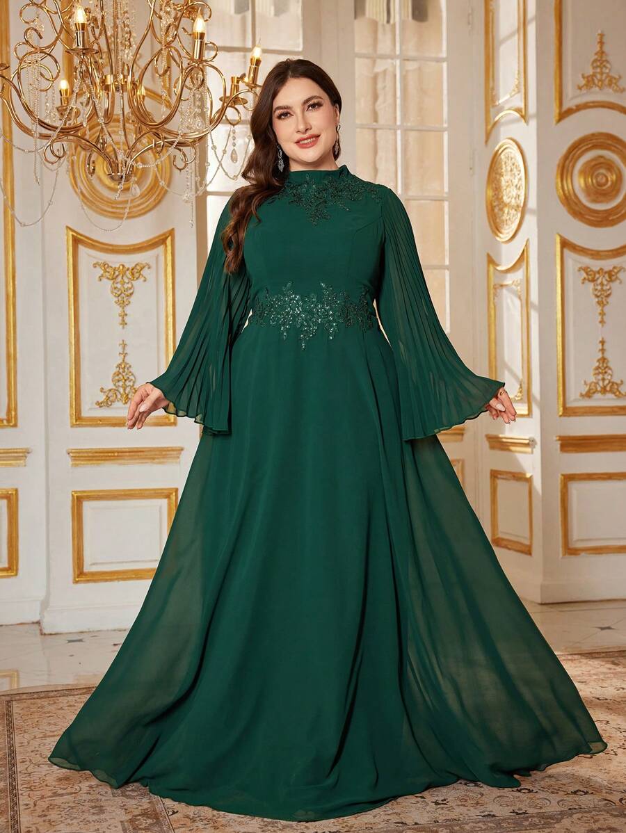 SUPGIR Plus Crew Neck Pleated Long Sleeve Waist-Defined Luxurious Appliques Embellished Olive Green Elegant Dress, Wedding Guest Dress, Party Dress, Formal Dress, Evening Dress,Gown - Dark Green - View 1