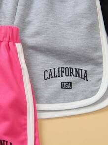 Set informal de 3 piezas de shorts de cintura elástica para niña preadolescente, con estampado de letras y rayas, para verano