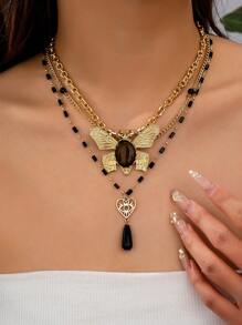 1pc Gothic Style Unique Exaggerated Gold Plated Butterfly Heart Design Faux Cat Eye Rhinestone Pendant Multilayer Black Beaded Short Necklace, Unisex Daily/Party/Holiday Wear Jewelry Accessory Gift