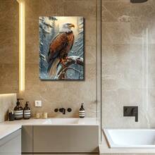 1pc Love Pet Framed Canvas Wall Art Poster Printing Abstract Digital Realism Colorful Vibrant Snow-Covered Detailed Realistic Contrasting White Artistic Expression Creativity. An Eagle Perched On A Tree Branch Wall Art For Living Room Bedroom Bathroom Kitchen Apartment Hotel, Artful Home Decoration - Framed, Vertical