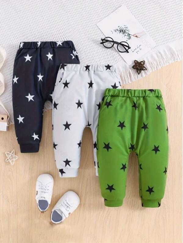 3 stuks/set babyjongens casual multi-color sterrenprint broek, comfortabel voor alle seizoenen