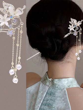 1个优雅小众猫眼水晶流苏发夹，简约复古花朵发簪，适合汉服/角色扮演，发饰发髻发夹发髻发饰发片发型发簪，学习用品