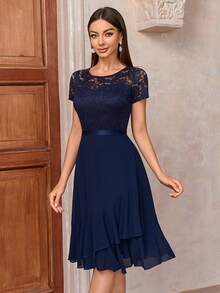 MIUSOL Contrast Floral Lace Chiffon Insert Ruffle Trim Cocktail Party A-Line Dress - Navy Blue - View 5