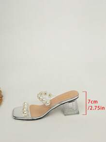 Women's Pearl Transparent Slippers Crystal Chunky Heel Sandals, Fashionable And Versatile High Heels For Summer - Silver - View 6