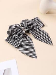 1 Pc Women Houndstooth Pearl Bow Spring Clip, Suitable For Date, Holiday, And Everyday Wear Hair Clips Claw Clips Hair Claws Hair Slide Hair Barrettes, Autumn, School Stuff, Elegant, College, Pearl Hair Accessories