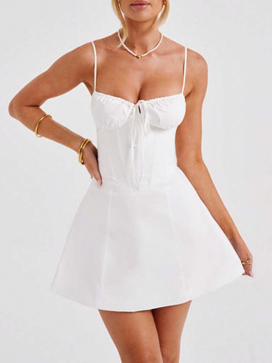 Women Y2k Corset Cami Mini Dress Sleeveless Spaghetti Strap Low Cut Square Neck Backless Tie Up Bustier Flare A-Line Short Dresses - 白色 - 查看 1