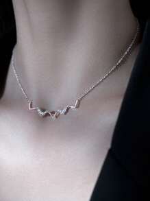 1 件时尚百搭 V 形、心跳、闪电吊坠铜锆石银项链，适合女士，适合日常佩戴、周年纪念、派对、聚会和特殊场合 - 銀色 - 查看 8