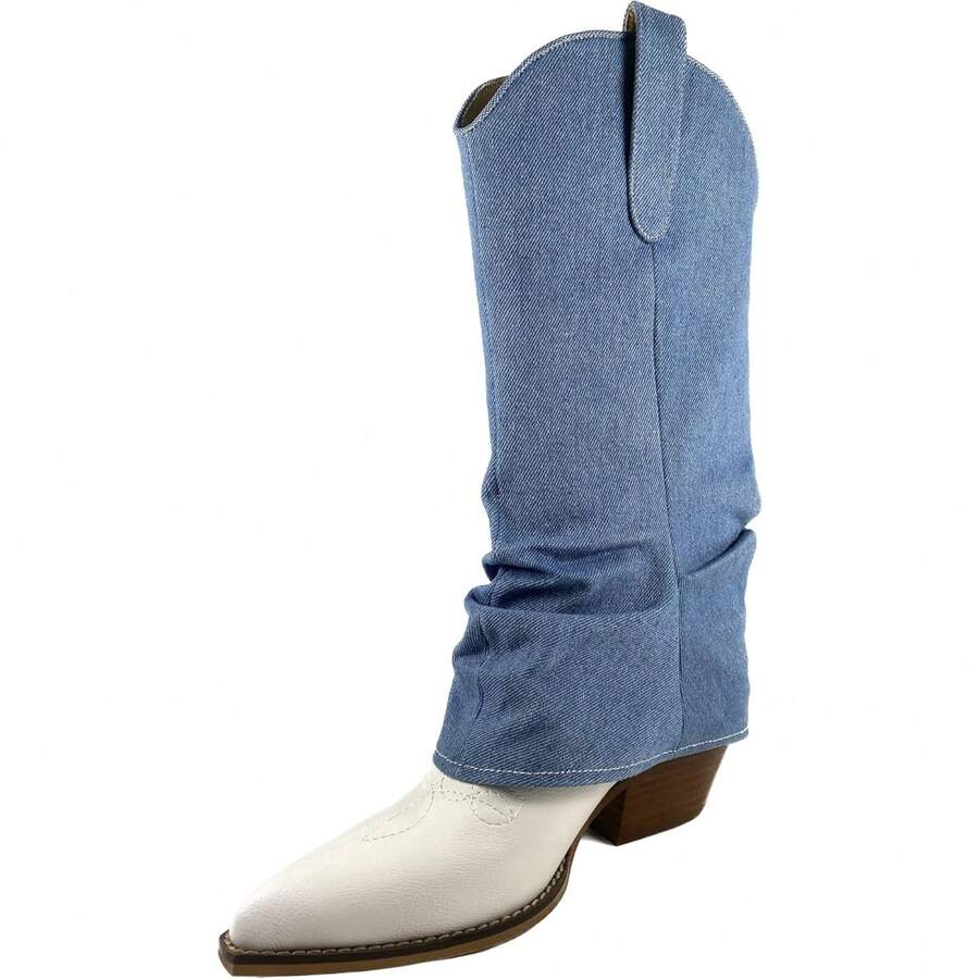 ARiderGirl Branded Women's Mid-Calf Denim Fold Over Snip Toe Stacked Heel Rhinestone Embellished Western Boots