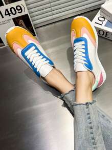Women's Contrast Lace-Up Casual Sneakers, Lightweight And Comfortable Outdoor Flat Shoes, Low-Top Breathable Fitness And Sports Casual Shoes