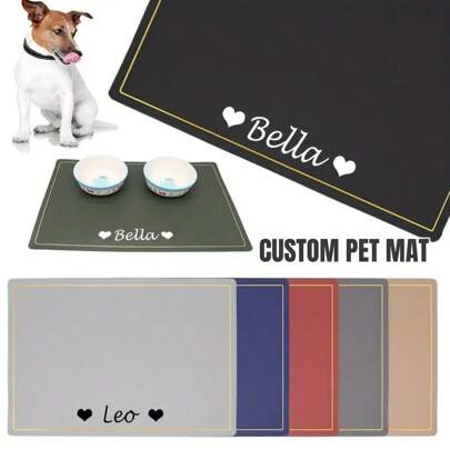 1Pc Customizable Pet Feeding Mat With Golden Trim – Spillproof Design For Dogs & Cats – Non-Slip Diatomite Mat With Personalized Name & Heart Pattern – Stylish Multi-Color Floor Protector For Food/Water Bowls – Luxe Pet Gift For Birthdays, Christmas & Home Decor Lovers!