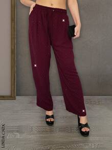 Women's Wide Leg Pants, Modern, Sexy And Casual Design, Small And Elegant Artificial Rhinestones And Decoration All Over The Pants, Polyester, Cotton And Spandex Fabric, Suitable For Spring And Summer Seasons, Functional Pockets, Natural Waist Adjustment With Elastic And Drawstring. Soft, Cool And Light. - 紅色 - 查看 1